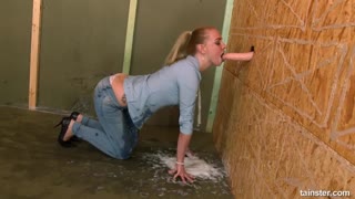 Blonde babe creams hard in jeans at gloryhole - watch new porn video HD-PORN.ONLINE